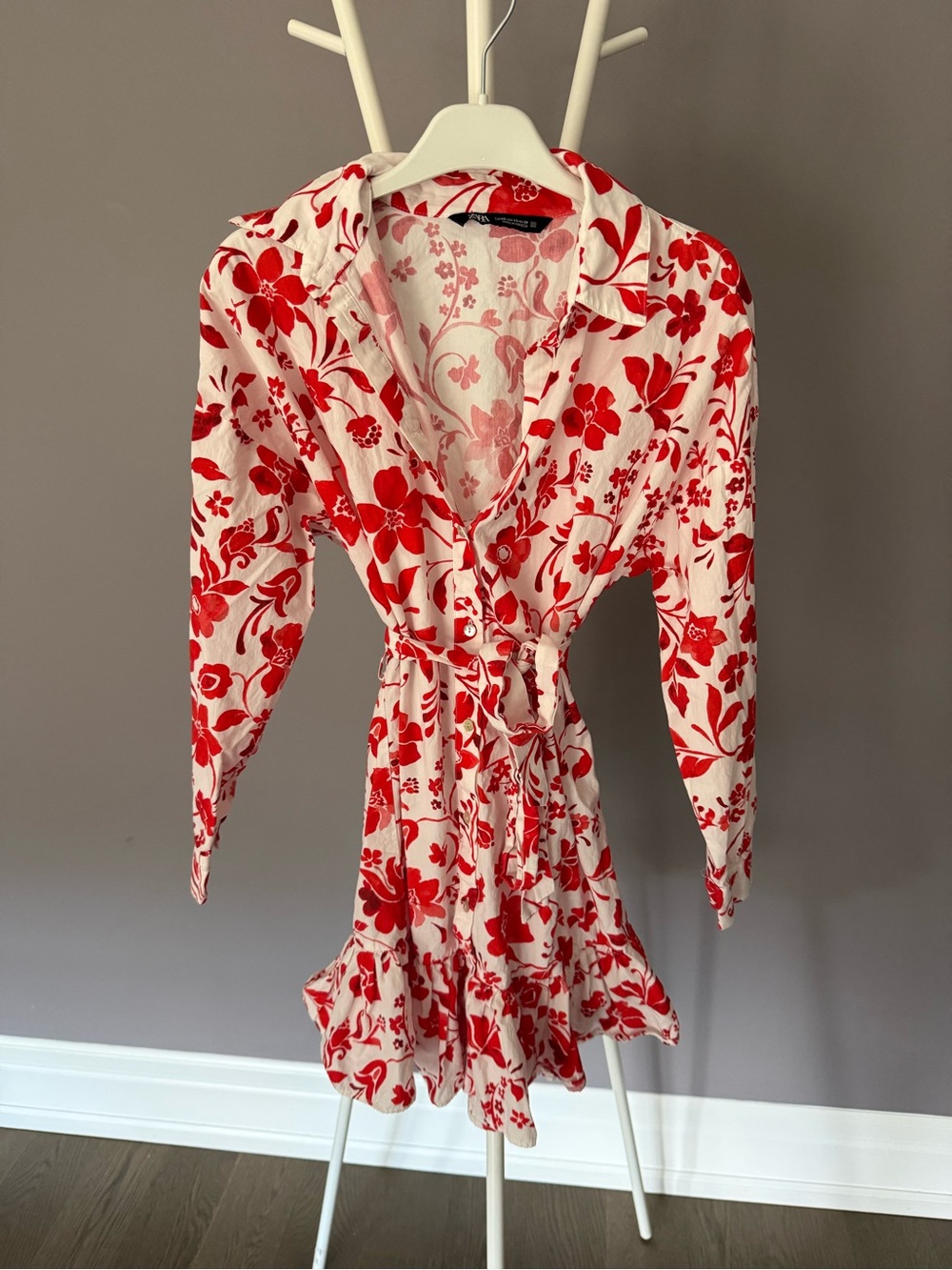 Red Floral Tie-Waist Women's Dress
